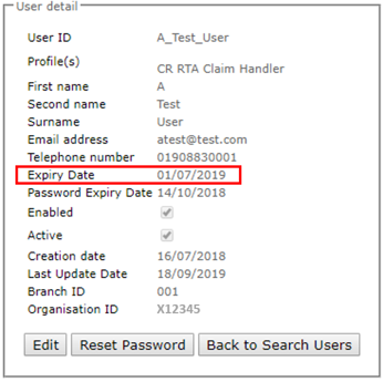User detail showing expiry date